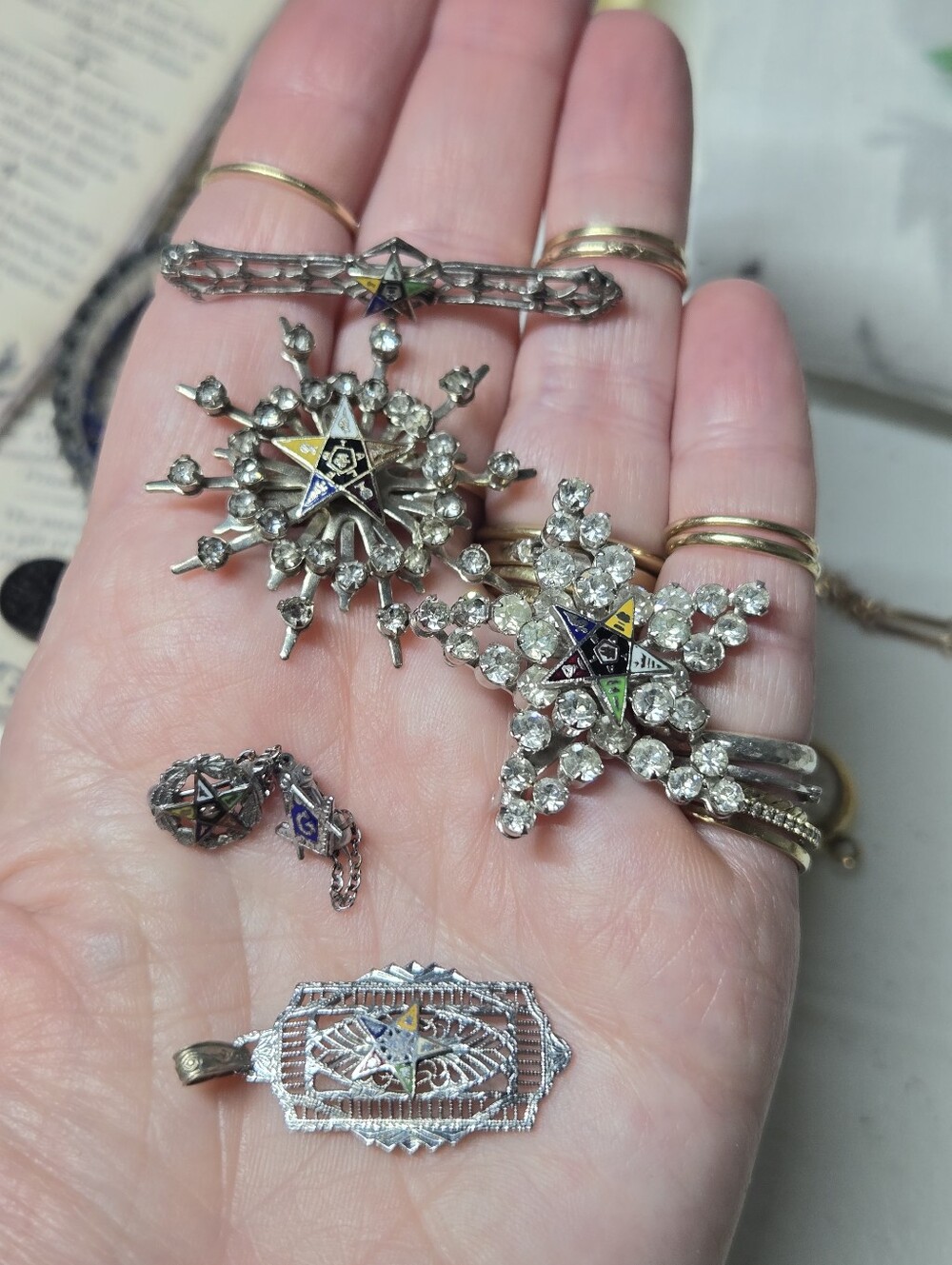 Vintage Sliver Tone And 1 Sterling Eastern Star Brooches